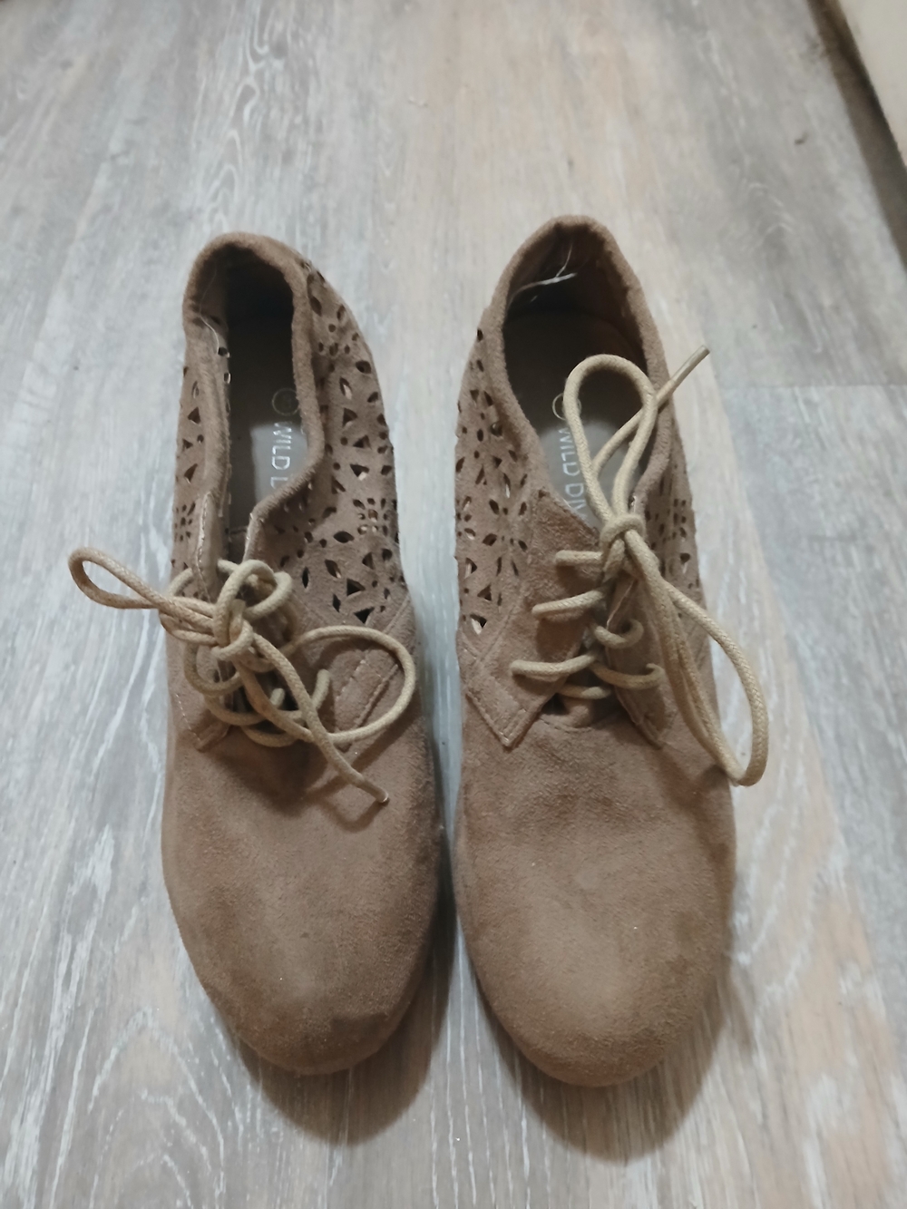 Wild Diva Tan Suede Laser-Cut Lace-Up Wedges